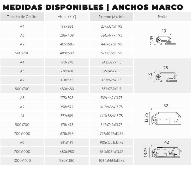 MEDIDAS DISPONIBLES MARCO ALUMINIO PLATA CON FRONTAL ABATINLE PARA PUBLICIDAD_SNAP FRAME_A4_A3_A2_A1_A0_50X70_70X100